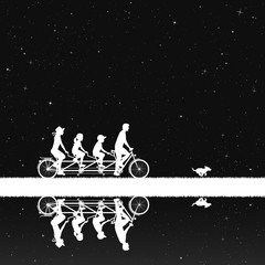 Poster - Family on bike tandem in park at night. Vector illustration with silhouettes of cyclists on bicycle and running dog under starry sky. Inverted black and white