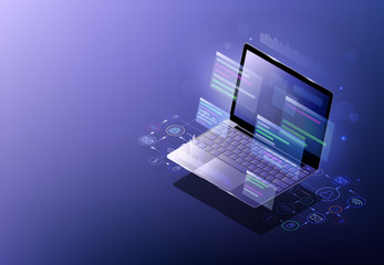 Web development, programming concept. Technology process of software development. Monitoring and testing of the digital process. Isometric vector illustration. 3D