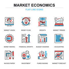 Leinwandbilder - Flat line global market economics icons concepts set for website and mobile site and apps. Funds raising and financial trends. Thin line color simple pictogram pack. Vector illustration.