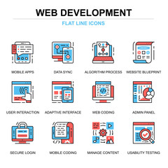 Wall Mural - Flat line web development icons concepts set for website and mobile site and apps. Mobile apps coding, user interface testing. Thin line color simple pictogram pack. Vector illustration.