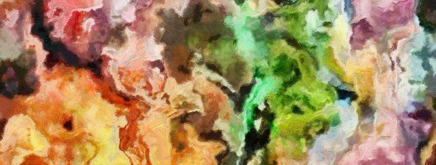 Close up oil paint abstract background. Art textured brushstrokes in macro. Part of painting. Old style artwork. Dirty watercolor texture. Modern pattern. Chaotic splashes. Multi-colors design.
