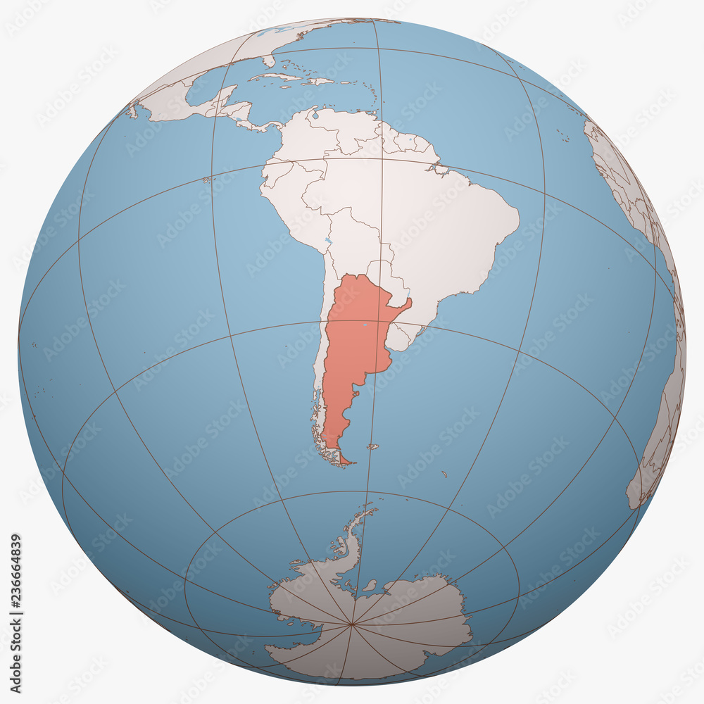 Argentina on the globe. Earth hemisphere centered at the location of the  Argentine Republic. Argentina map. Stock Vector | Adobe Stock