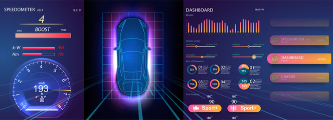 Aufkleber - Car service in the style of HUD, Cars infographic ui, analysis and diagnostics in the hud style, futuristic user interface, repairs cars, Car auto service, mechanisms cars, car service HUD. dashboard 