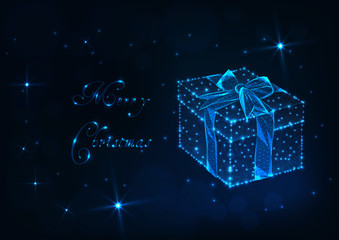 Merry Christmas greeting card with glowing low poly gift box with ribbon bow, shiny stars and text