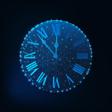 Happy New Year Greeting Card With Glowing Low Poly Roman Numeral Clock On Dark Blue Background.