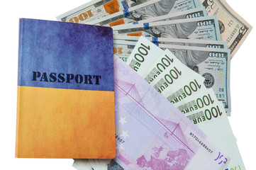 Passport and money. Travel expenses concept uncropped on white background. Money from different countries.