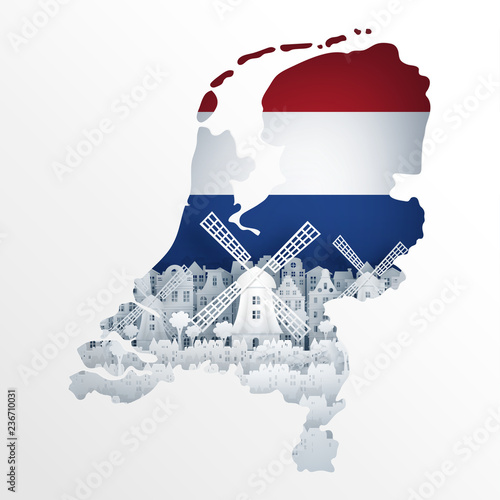 Cuadros en Lienzo Holland map concept with Dutch windmill for travel postcard and poster, brochure, advertising in paper cut style vector illustration