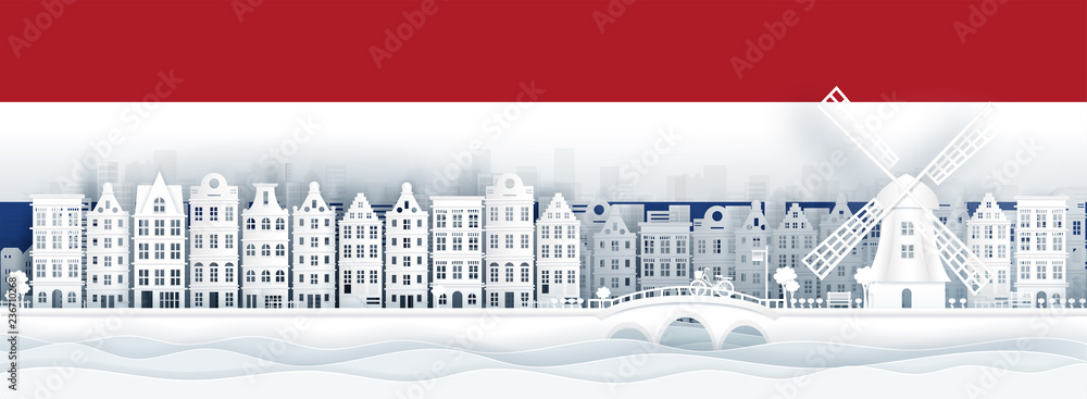 The Netherlands flag and famous landmarks in paper cut style vector illustration. - obrazy, fototapety, plakaty 