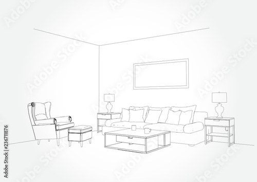 Linear Sketch Of An Interior Living Room Plan Sketch Line