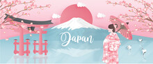 Panorama Of Travel Postcard, Poster, Tour Advertising Of World Famous Landmarks Of Japan With Fuji Mountain And Woman In Kimono Dress In Paper Cut Style. Vector Illustration.