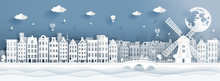 Panorama Postcard Of World Famous Landmarks Of Amsterdam, The Netherlands In Paper Cut Style Vector Illustration