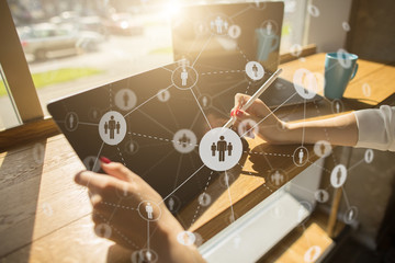 Wall Mural - Social media. People relations icons on virtual screen. Internet and technology concept.