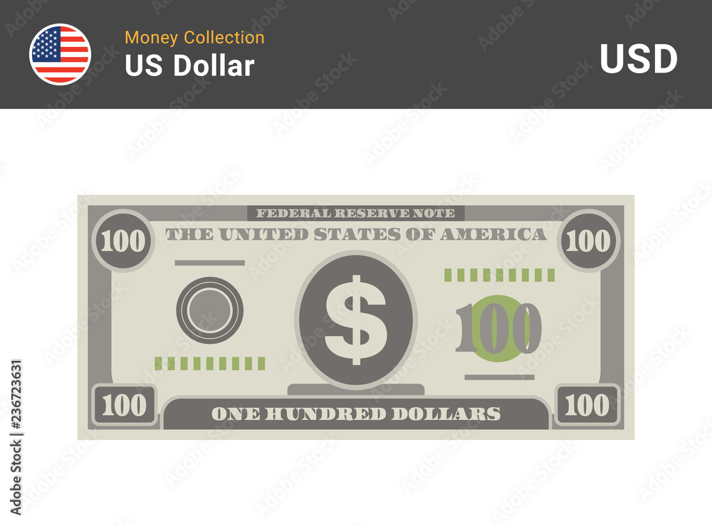 Praca wektorowa bez tantiem 100 US Dollar bill. American money banknote. Currency vector set. Stylized drawing of bills. Flat vector illustration. Adobe Stock