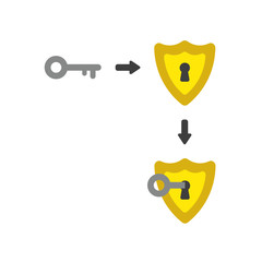 Vector icon concept of guard shield with key into keyhole