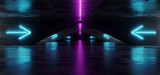 Fototapeta Do przedpokoju - Empty Dark Grunge Concrete Old Sci Fi Modern Futuristic Underground Tunnel With Neon Arrow Blue And Purple Lights 3D Rendering
