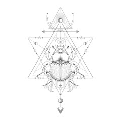 Wall Mural - vector illustration with hand drawn scarab and sacred geometric symbol on white background. abstract