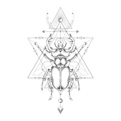 Wall Mural - vector illustration with hand drawn stag beetle and sacred geometric symbol on white background. abs