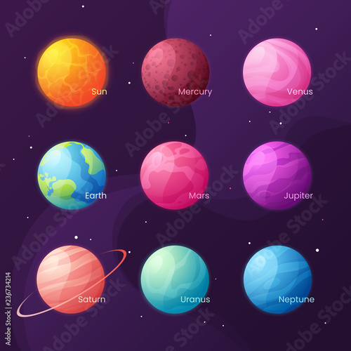 Cuadros en Lienzo The Solar system. Colorful cartoon set with sun and planets. Vec
