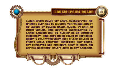 Wall Mural - Freely editable mechanical banner decorated with brass gears, nozzles and rivets on a white Steampunk background.