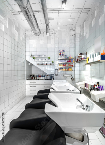 Sinks And Retro Hair Dryer In A Industrial Beauty Salon