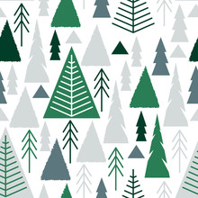 Merry Christmas. A Seamless Pattern With Christmas Trees In The Style Of Flat, Naive.