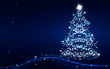 © nj_musik - The Magic Christmas Tree. Merry Christmas and happy New Year greeting card with copy-space. Blue Christmas background.