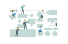 Teamwork, Business Workflow Layout With Chart Elements And People Figures. Business Plan. Flat Vector Illustration. Isolated On White Background.