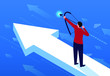 © wei - Businessman standing on arrow holding a bow and arrow aiming into the distance