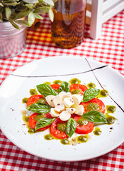 Wall Mural - Traditional Italian caprese salad with sliced tomatoes, mozzarella cheese, basil and pesto sauce on white plate. Close up