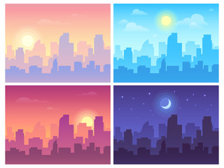 daytime cityscape. morning, day and night city skyline landscape, town buildings in different time a