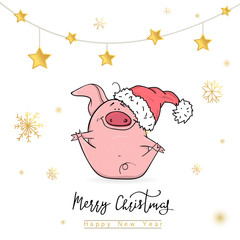 Wall Mural - Merry Christmas and Happy New Year 2019 with funny pink pig. New Year design template for print sign postcard booklet leaflets poster banner invitation.