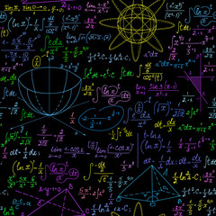 Wall Mural - math educational vector seamless background with multicolored algebra formulas, figures, calculation