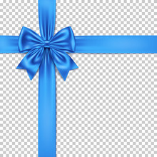 Blue Gift Bow And Ribbon Isolated On Transparent Background. 