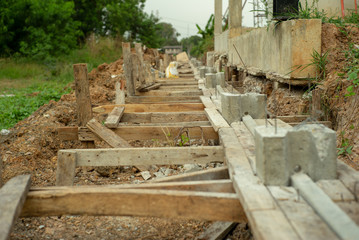 Wall Mural - Selective focus picture of reinforcement steel of concrete structure at the construction site.