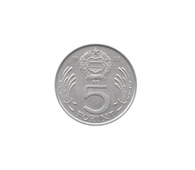 Wall Mural - Reverse of 5 Forint coin made by Hungary that shows numeral value and coat of arms