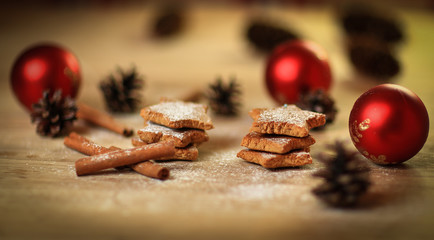 Christmas table. blurred image homemade cookies on wooden backg