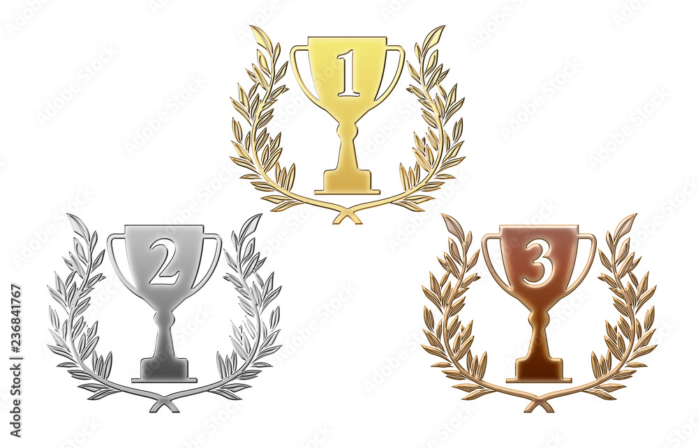 メタリックの質感の金銀銅の月桂樹 ローレルつきトロフィーのイラストセット Trophy Illustration Accolade Wall Mural Accola Globeds
