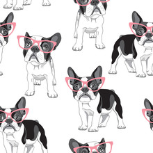 Seamless Pattern With Cartoon French Bulldog In A Pink Glasses On A White Background. Vector Illustration.