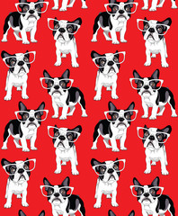 Seamless pattern with cartoon French Bulldog in a glasses on a red background. Vector illustration.