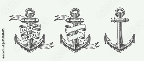 Cuadros en Lienzo Set of vintage retro anchors in retro style with adventures typography