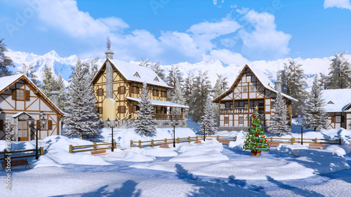 Outdoors Decorated Christmas Tree On Square Of Snowbound Alpine Mountain Village With Traditional European Half Timbered Houses At Frosty Winter Day 3d Illustration Buy This Stock Illustration And Explore Similar Illustrations At