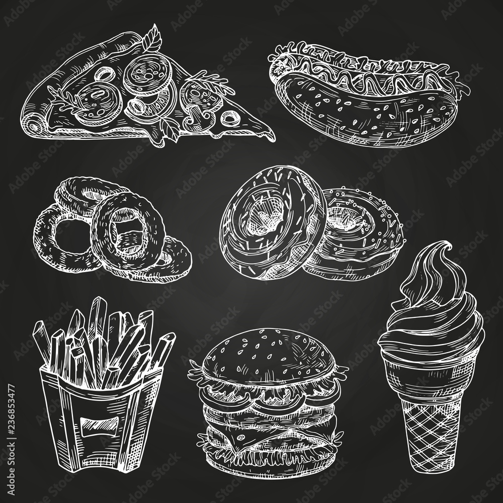 Hand drawn popular fast food on blackboard vector illustration. Fast ...