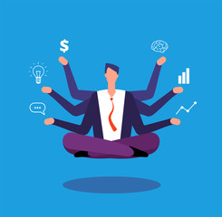 Poster - Multitasking businessman. Manager sitting in yoga lotus pose and juggles with tasks. Effective management vector concept. Illustration of businessman lotus multitasking, business sitting relax pose