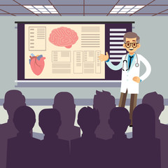 Sticker - Medical conference vector illustration. Smiling doctor makes a presentation to the public. Doctor medical conference medicine, consultation and meeting presentation