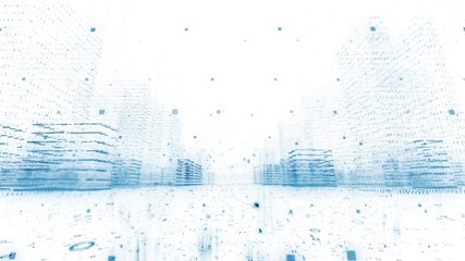 Digital cityscape cyberspace network with binary numbers motion on white background. 