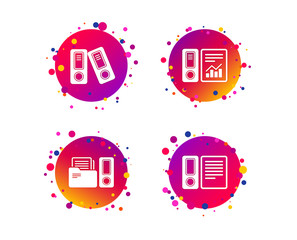 Accounting report icons. Document storage in folders sign symbols. Gradient circle buttons with icons. Random dots design. Vector