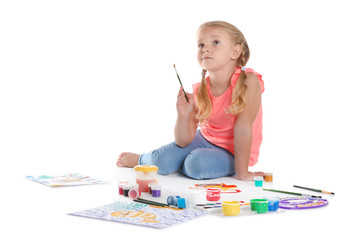 Poster - Cute child painting picture on white background