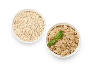 Composition with raw and cooked quinoa in bowls isolated on white, top view