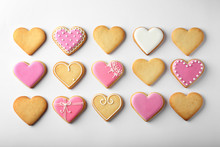 Decorated Heart Shaped Cookies On White Background, Top View