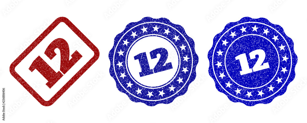 12 grunge stamp seals in red and blue colors. Vector 12 watermarks with ...